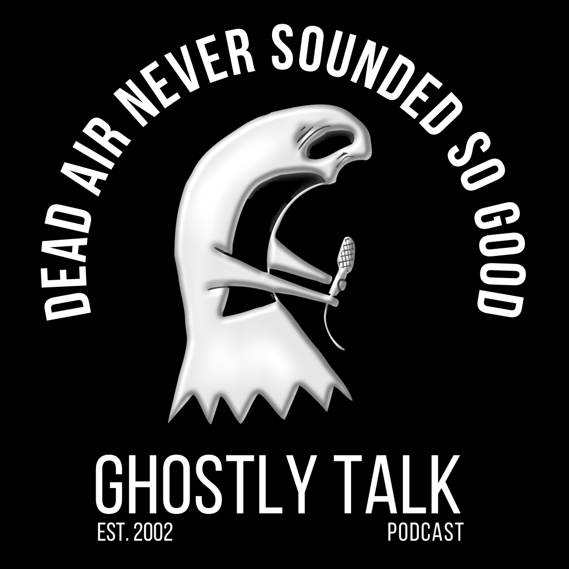 Image of a ghost screaming into a microphone for the Ghostly Talk Podcast. Logo says "Dead Air Never Sounded So Good." Established 2002